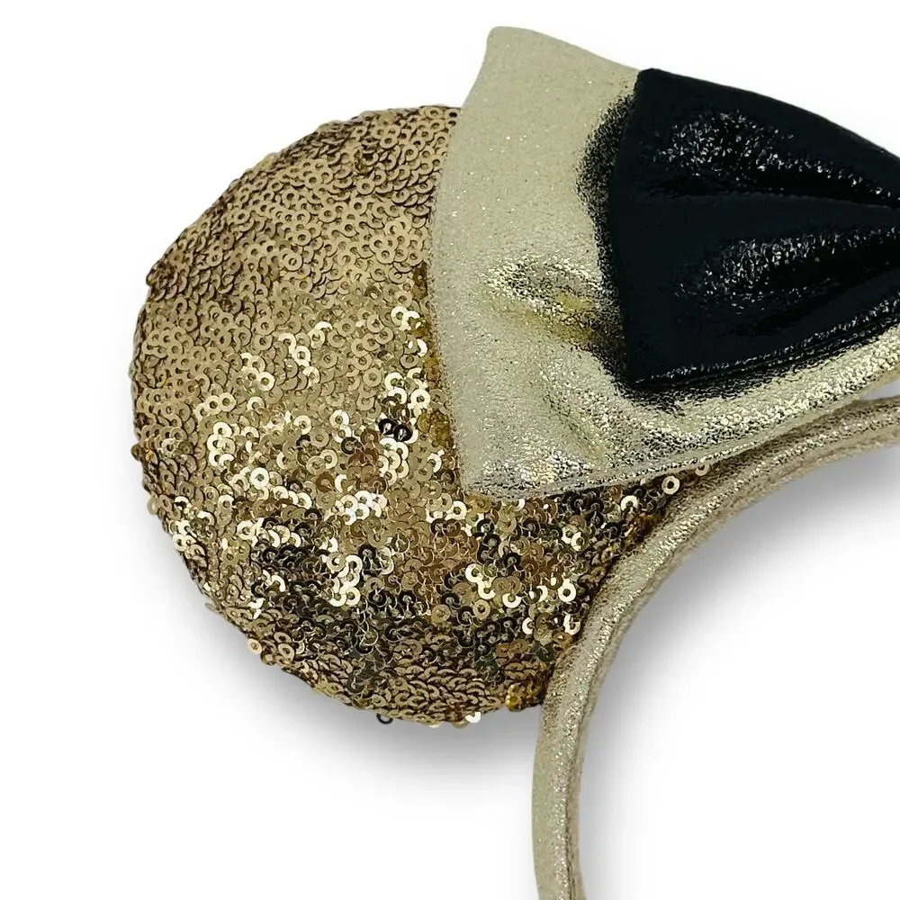 Disney Minnie Mickey Mouse 90th Birthday Sequin Bow Ears Headband Gold Black